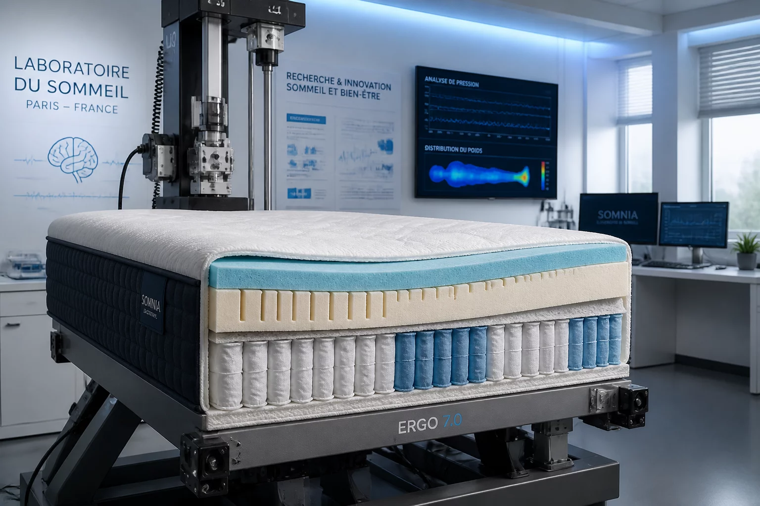 Équipe de testeurs analysant la densité et la résilience d'un matelas