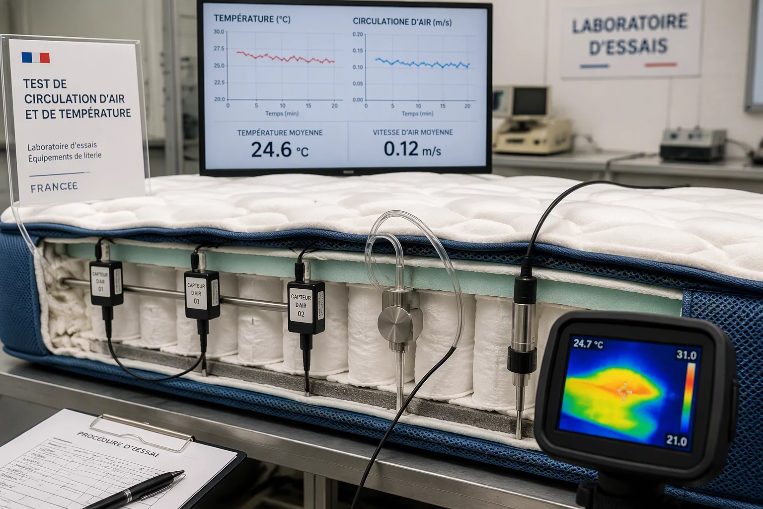 Test de respirabilité et circulation d'air sur matelas