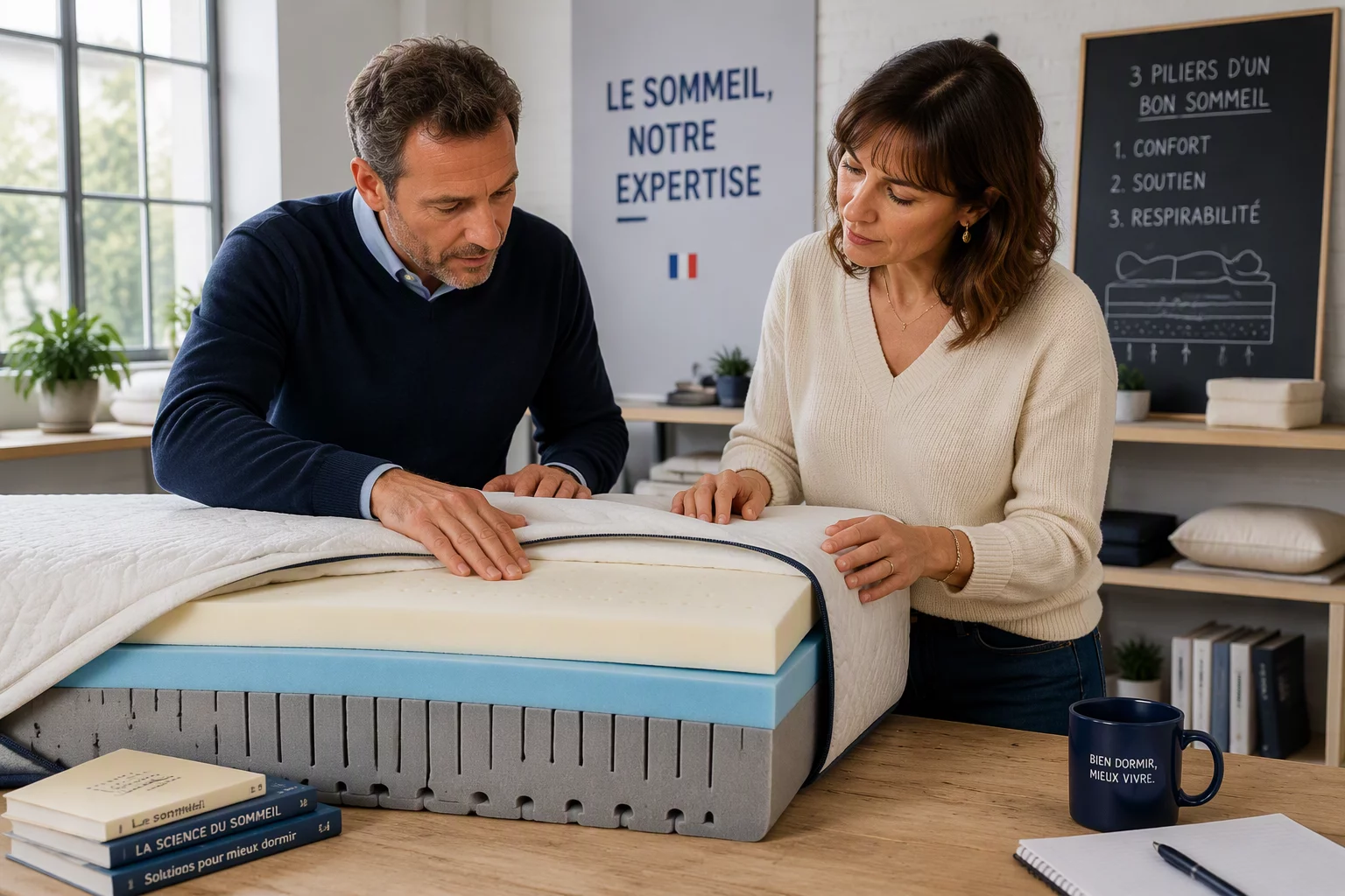 Équipe de spécialistes évaluant les mousses de matelas